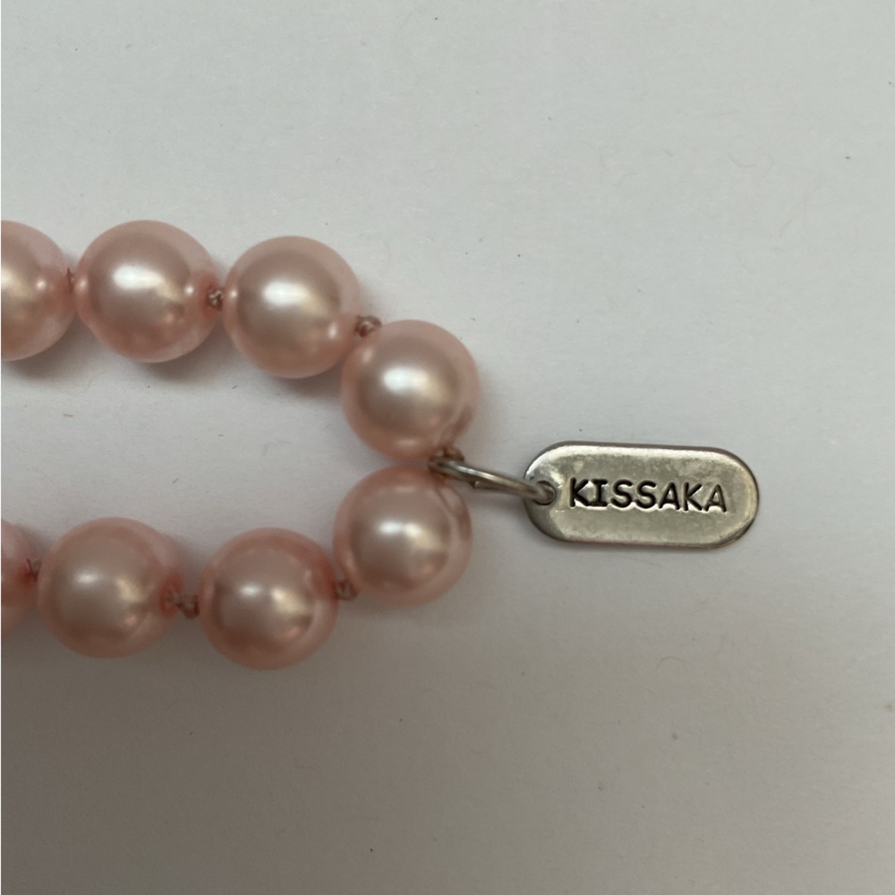 Vintage Kissaka Signed Pink Faux Pearl 24” Necklace with Silver Signature Tag